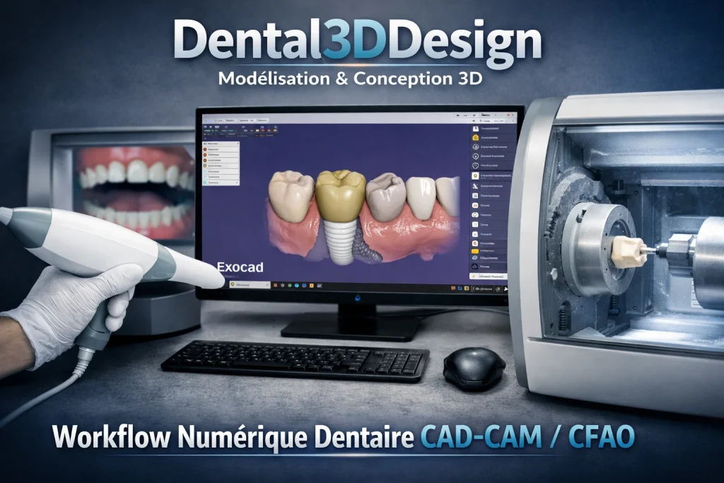 workflow numérique dentaire CAD-CAM avec scanner intra-oral Exocad et fraiseuse