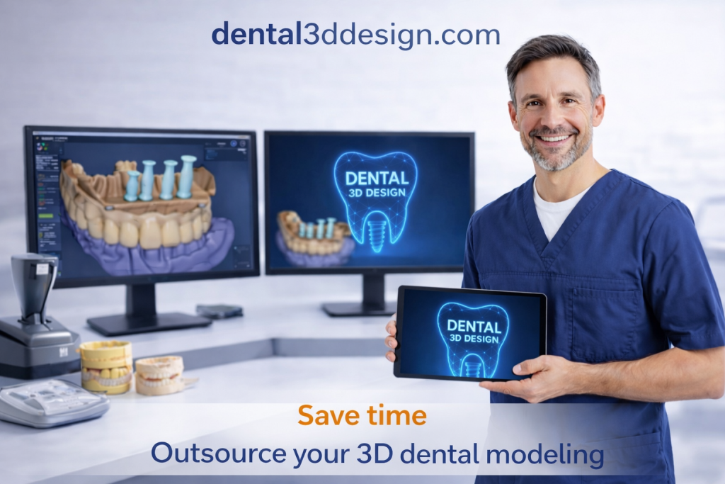 Dentist showing 3D dental modeling outsourcing service on screens – outsource 3D dental modeling