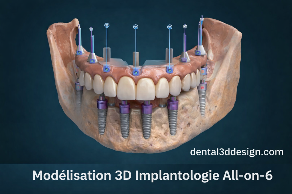 Modélisation 3D dentaire All-on-6 réalisée sous Exocad avec implants et prothèse fixe all on 6 et all on 4 – dental3ddesign.com