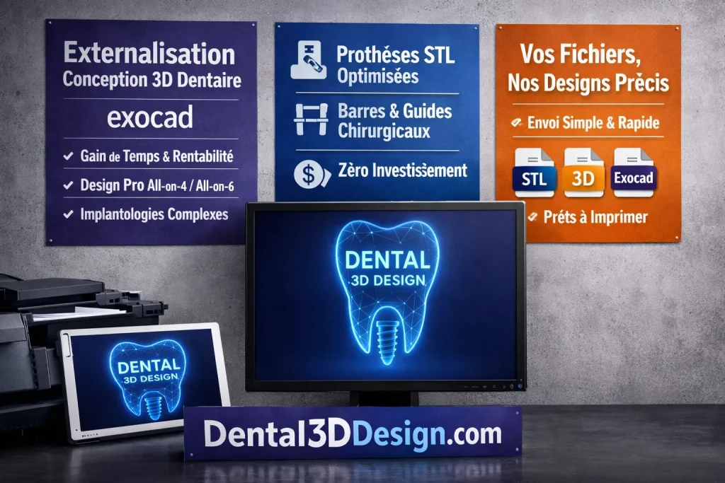 Dental3DDesign logo displayed on two screens in a digital office illustrating outsourced 3D dental design.