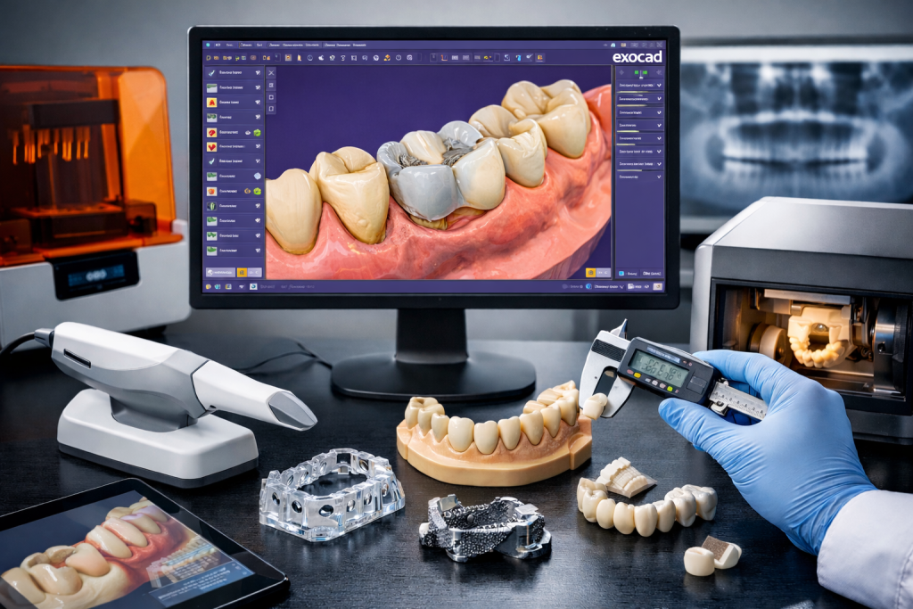Digital dental design workstation with a screen displaying 3D modeling in Exocad, surrounded by dental tools such as an intraoral scanner, 3D printed models, a dental milling machine and various prosthetic elements.